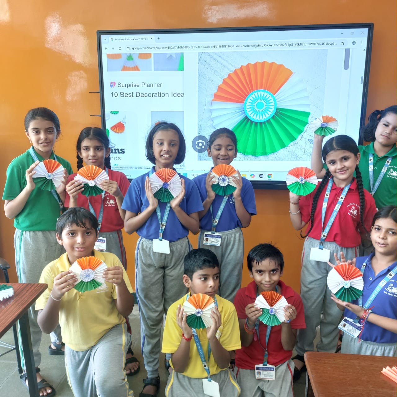 Std 3 A B C D - Craft activity ( Tri colour Fan and badge Making )