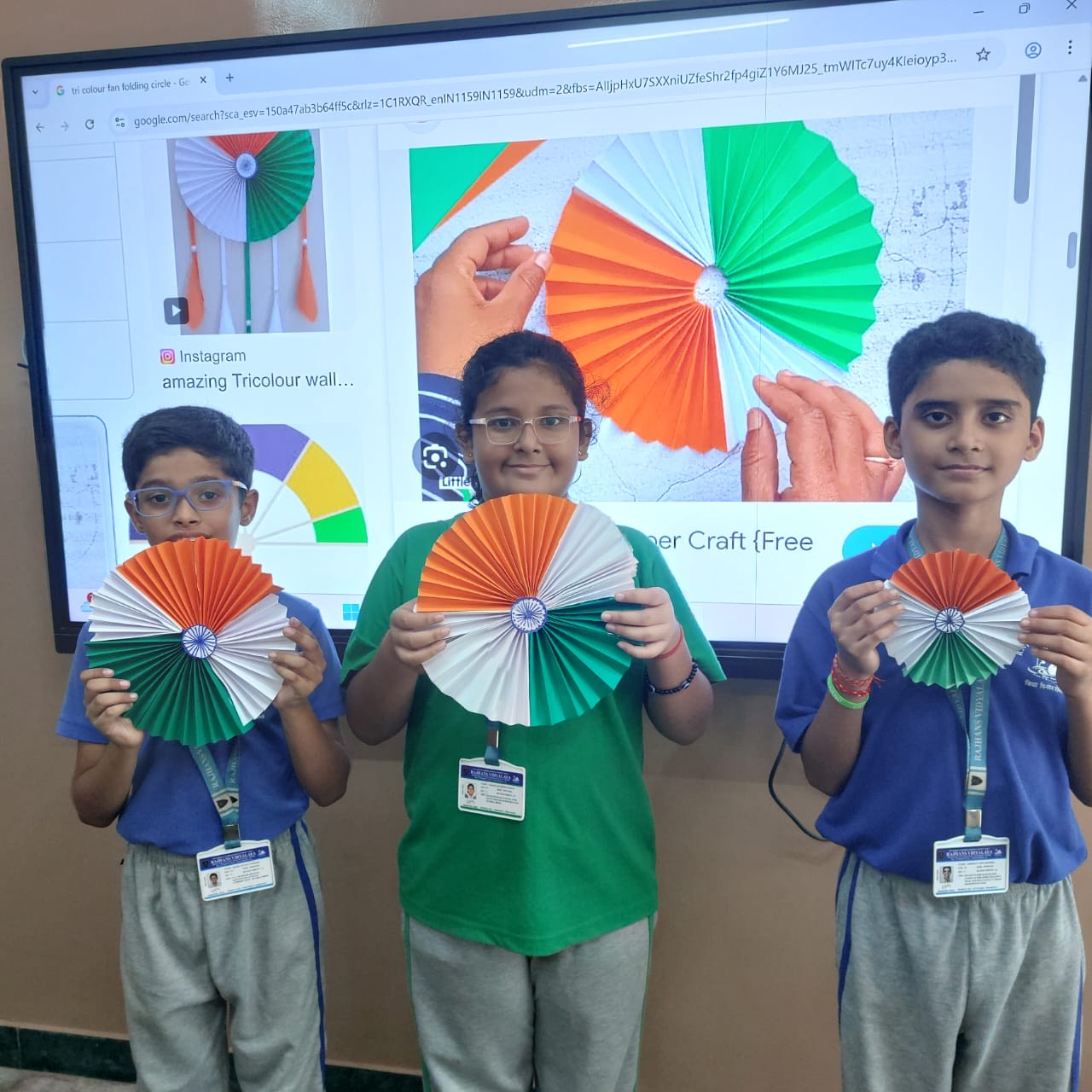 Std 3 A B C D - Craft activity ( Tri colour Fan and badge Making )